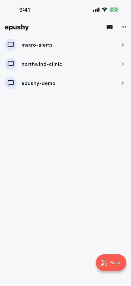 epushy app home screen listing followed channels