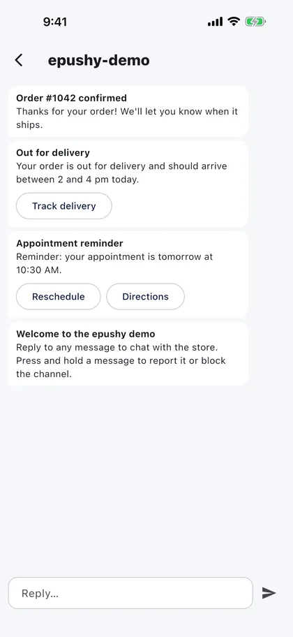epushy app showing an order update with a Track delivery button, an appointment reminder and a welcome message