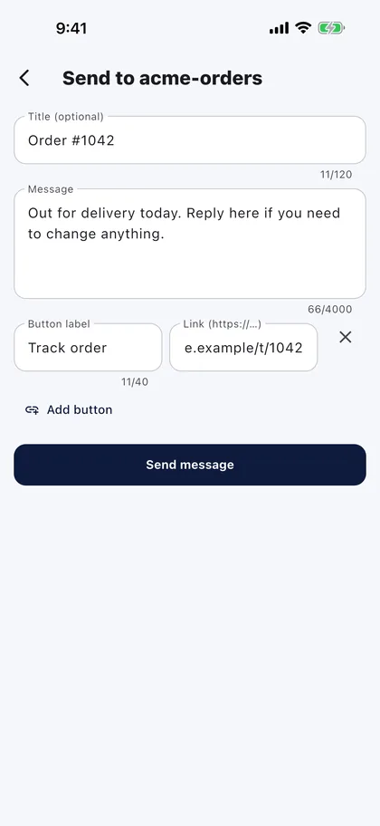 epushy app screen for composing a message with a title, text and a Track order button
